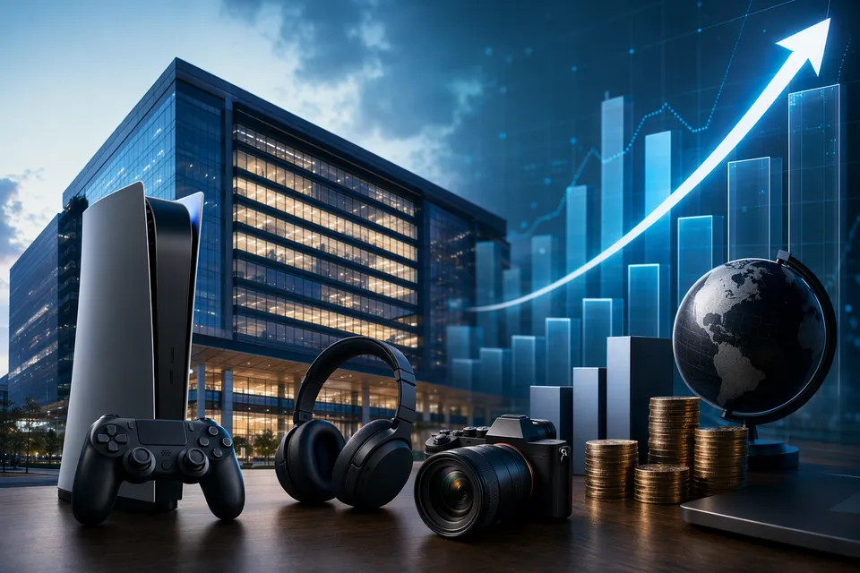 Editorial illustration of Sony’s March 2027 profit outlook with yen figures and a share buyback theme