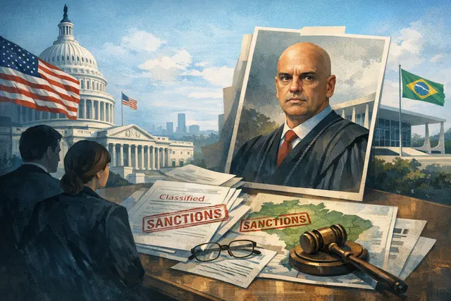 Illustration of U.S.–Brazil tensions over possible sanctions against Brazilian Supreme Court Justice Alexandre de Moraes