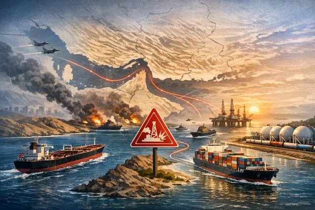 Editorial visualization of the Strait of Hormuz crisis showing a cargo ship navigating a narrow sea passage, symbolizing the disruption to global shipping routes and energy trade.