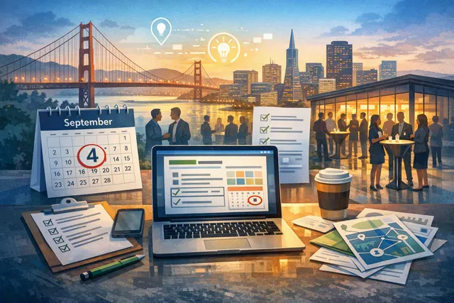 A conceptual illustration of a TechCrunch Disrupt 2026 Side Event gathering in San Francisco, featuring a crowd of tech professionals networking at an evening mixer with the San Fr