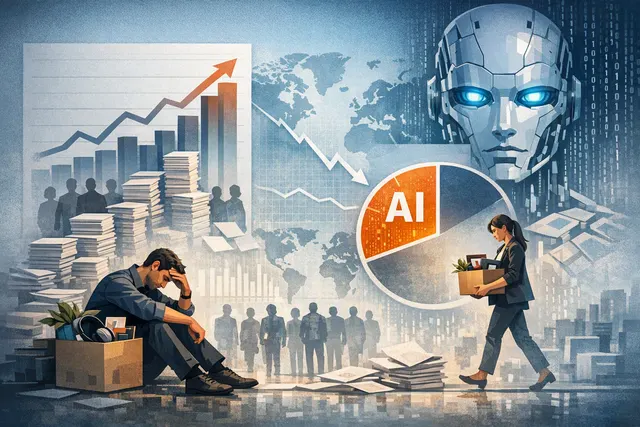 Abstract visualization of tech layoffs and AI restructuring in 2026 with downward graph and binary code