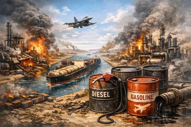 Editorial illustration of an oil tanker navigating a disrupted Strait of Hormuz amid refinery fires and fuel-market turmoil