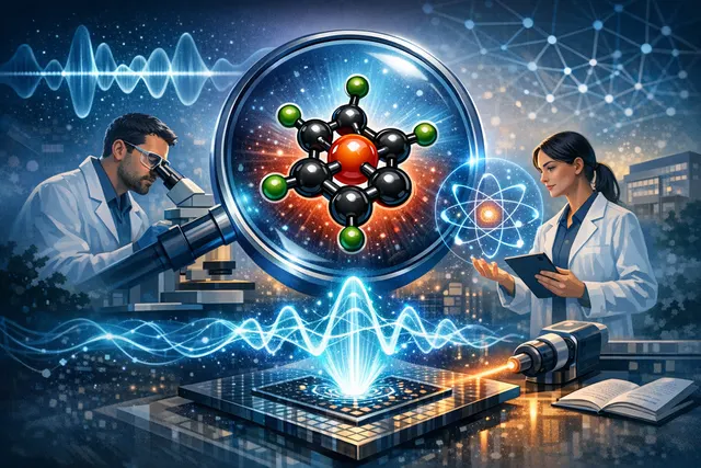Artistic visualization of a single trityl-OX063 molecule acting as a nanoscale quantum sensor, with nanowire probes and quantum coherence extending to 400 microseconds
