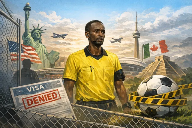A stadium divided by a chain-link fence with passport stamps superimposed, symbolizing visa controversies blocking entry to the 2026 FIFA World Cup