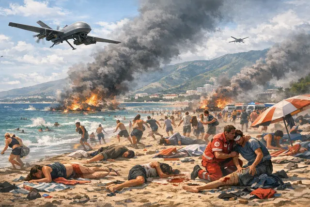 AI-generated editorial image of a crowded beach with an explosion, representing the Gelendzhik drone attack