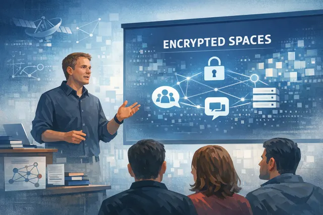 Abstract digital illustration of a secured, encrypted collaborative workspace with symbolic lock icons and interconnected data nodes.