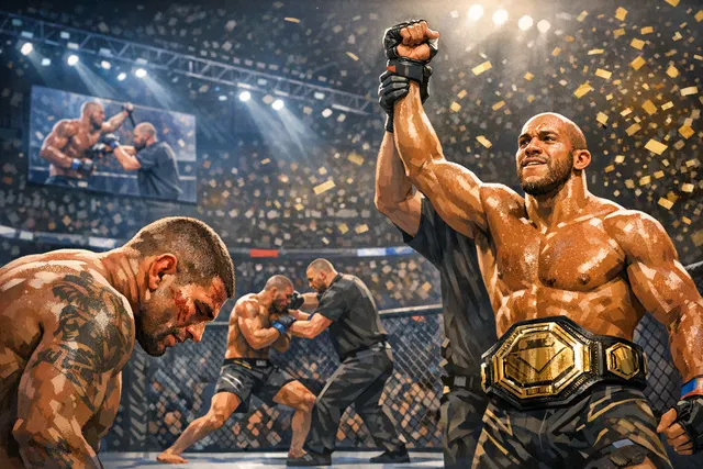 Ciryl Gane stands victorious in the Octagon after stopping Alex Pereira by TKO at UFC Freedom 250, holding his interim heavyweight championship belt.