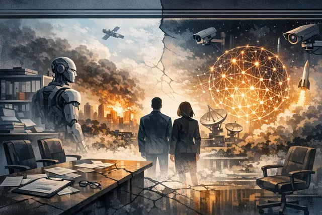 Editorial illustration of an AI safety control room monitoring catastrophic-risk warnings and autonomous AI systems