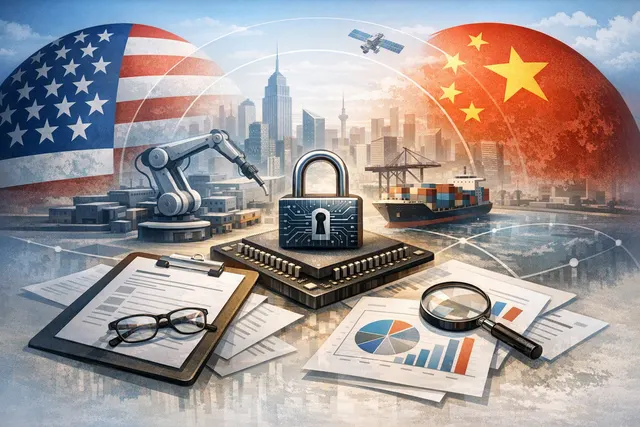 Conceptual image representing US export controls and trade with China, showing shipping containers and regulatory documents