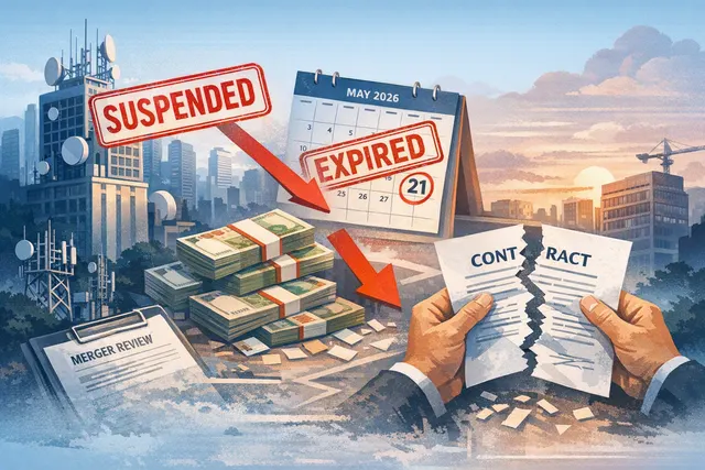 Illustration of the collapsed Simba and M1 telecommunications acquisition in Singapore, with mobile network towers and regulatory review imagery
