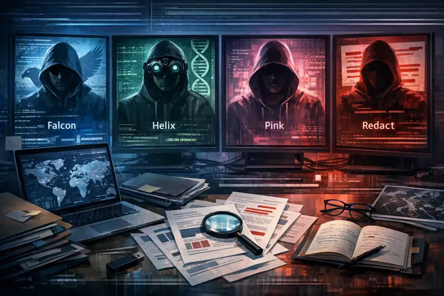 A silhouetted hacker figure manipulates a screen with multiple brand logos (Falcon, Helix, Pink, Redact) overlaid on a digital map of financial data streams, representing the UNC66
