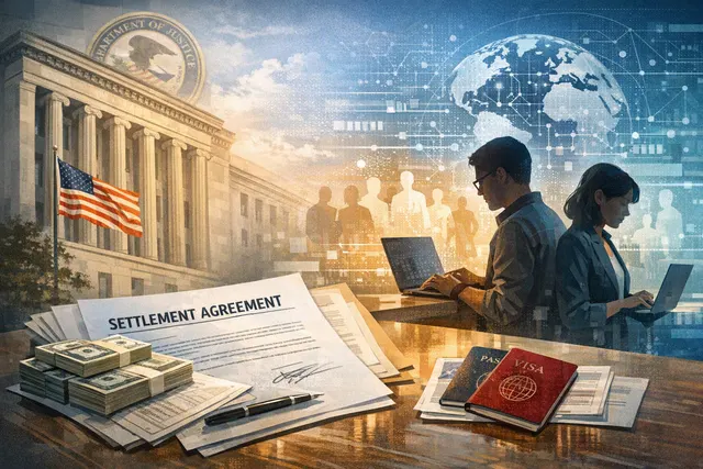 Conceptual image of a gavel and law books with an AI brain and code elements, representing the DOJ settlement with OpenAI for hiring discrimination.