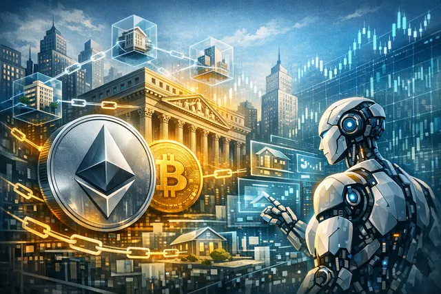 Abstract illustration of Ethereum and Bitcoin connected to tokenized financial assets and autonomous AI agents