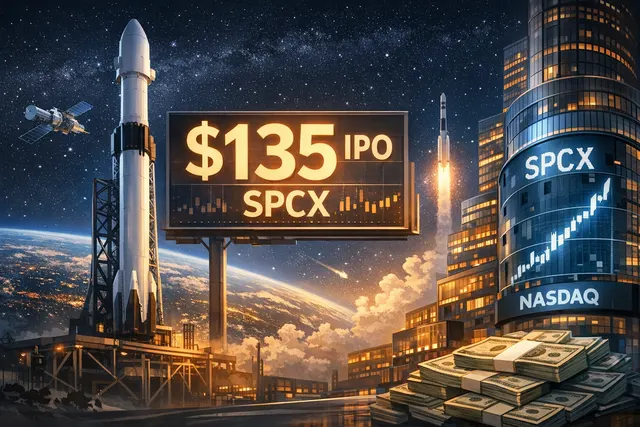 Illustration of SpaceX's historic IPO launch on the Nasdaq under ticker SPCX