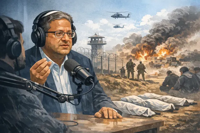 Editorial illustration of Itamar Ben-Gvir speaking about Gaza and military policy