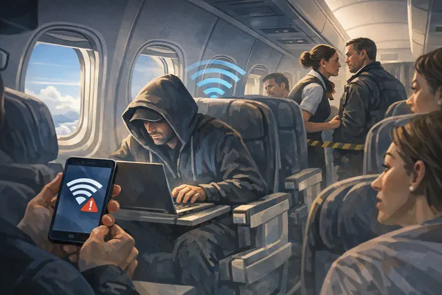 Illustration of a commercial airplane flying above clouds with a Wi-Fi symbol overlay, representing an in-flight cyber incident involving a fake Wi-Fi network.