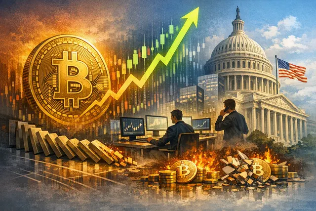 Editorial illustration of Bitcoin rising as Treasury bond yields fall and leveraged crypto positions are liquidated