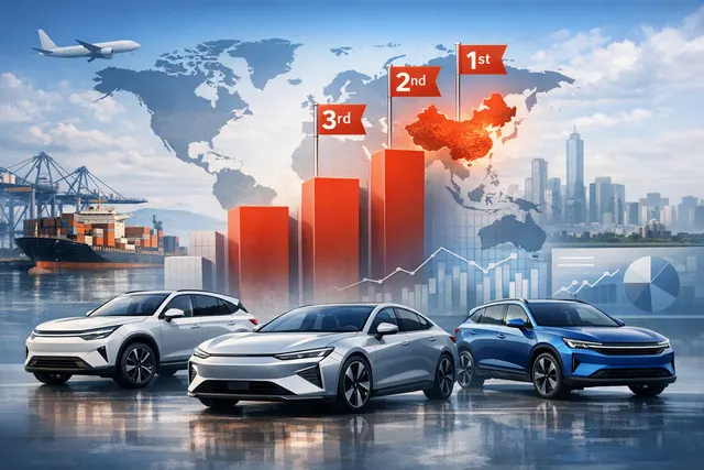 Global map with three Chinese automakers BYD, Geely, and Chery highlighted as entering the top 10 global automaker rankings in H1 2026