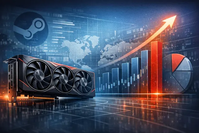 AMD Radeon RX 9070 XT GPU on a digital data visualization background, symbolizing its debut on the Steam Hardware Survey chart