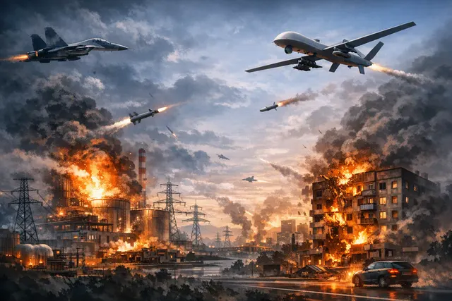 Illustrated night scene representing drone and missile strikes over energy infrastructure in the Russia-Ukraine war