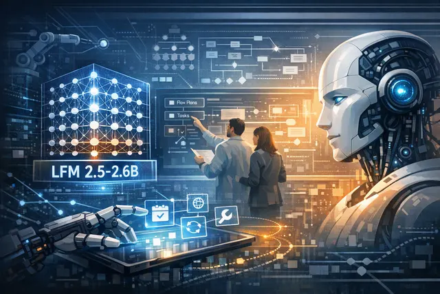 Liquid AI LFM2.5-2.6B model architecture and on-device agent workflow visualization