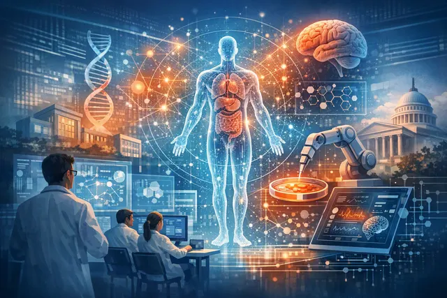 Conceptual illustration of an AI-driven digital organism as a multi-scale simulation bridging DNA, cells, tissues, and health outcomes