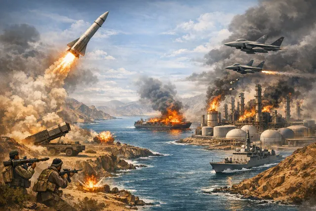 Editorial illustration of missile and naval escalation near the Bab el-Mandeb Strait in the Red Sea