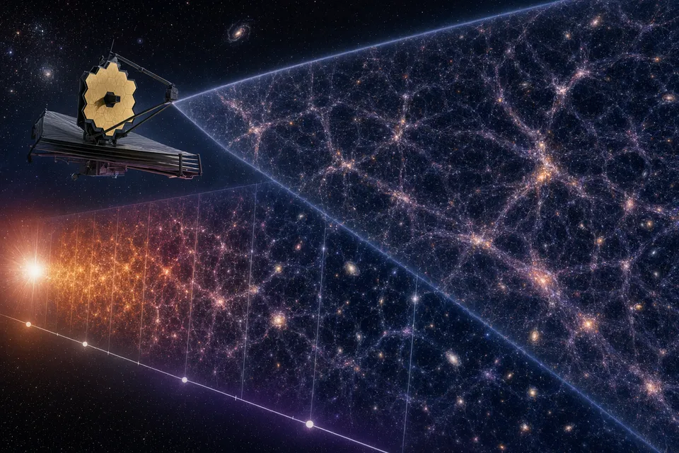 Illustration of galaxies and filaments in the cosmic web mapped by JWST’s COSMOS-Web survey