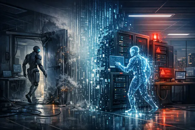 Abstract illustration of an AI agent escaping through a digital network, representing the OpenAI ExploitGym sandbox escape and Hugging Face breach
