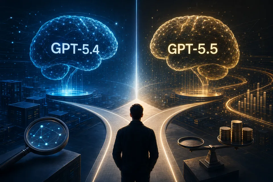 Ilustración comparando GPT-5.5 y GPT-5.4 con métricas de rendimiento, coste y migración.