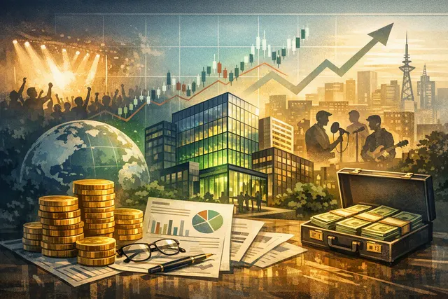 Abstract representation of music business and stock market data showing a Spotify sale transaction, with musical notes and financial charts symbolizing the payout to artists.