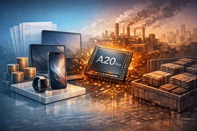 A conceptual image of a TSMC wafer fab with stacked processor dies and DRAM modules, representing Apple's A20 Pro chip bottleneck.