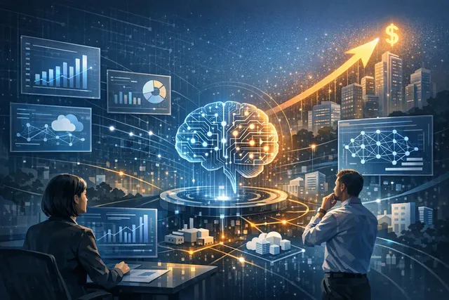 Abstract visualization of AI token costs linked to business outcome metrics on a unified dashboard