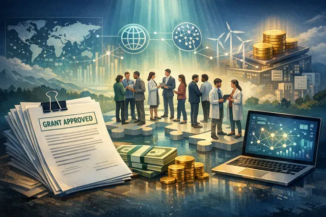 Editorial illustration representing OpenAI grants supporting research into AI’s economic, safety, policy, and public-health impacts