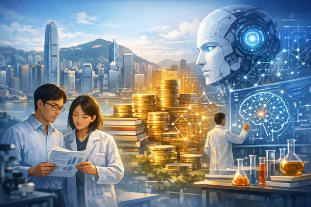 Conceptual image of Hong Kong skyline with glowing data center and AI circuit patterns overlay