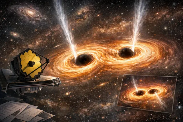 Artist's impression of two supermassive black holes in a merging galaxy system in the early universe