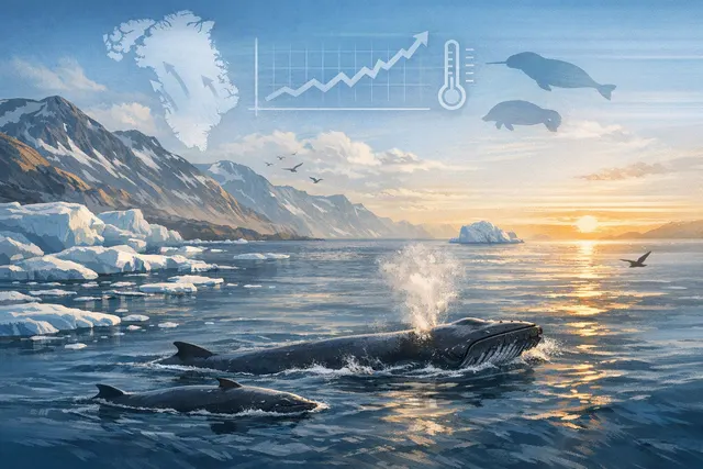 AI-generated illustration of humpback, fin and minke whales feeding in open waters off East Greenland