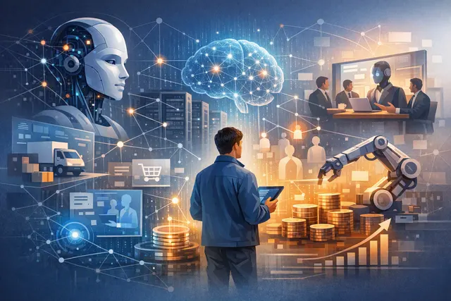 Abstract digital illustration representing AI agents autonomously setting up and running businesses through Naïve's infrastructure platform.