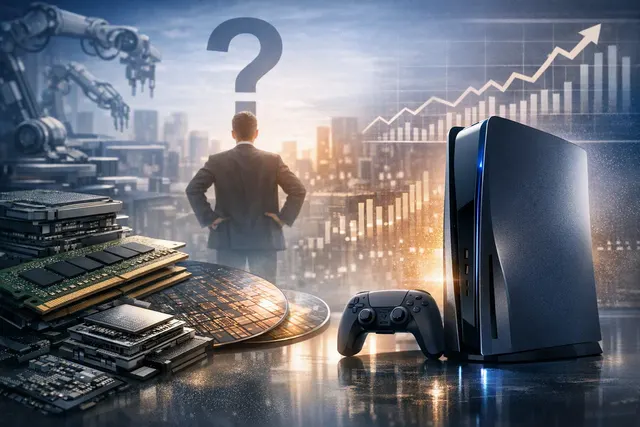 Conceptual editorial illustration of the PlayStation 6 affected by AI-driven memory shortages and uncertain pricing