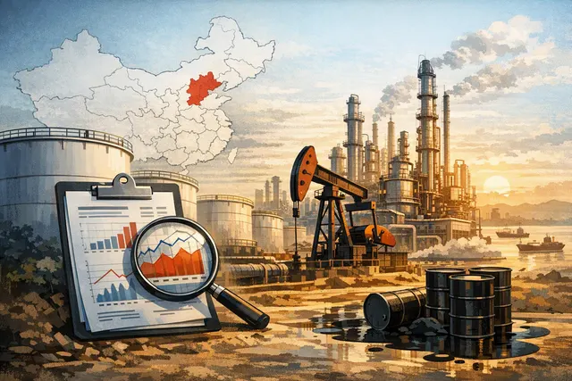 Aerial view of an oil refinery complex at sunset with storage tanks and processing units, representing Shandong's independent teapot refineries and China's crude oil infrastructure