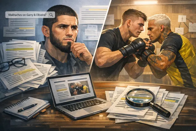 AI-generated editorial hero image for the UFC 330 welterweight title fight between Islam Makhachev and Ian Machado Garry, showing the champion in a fighting stance.