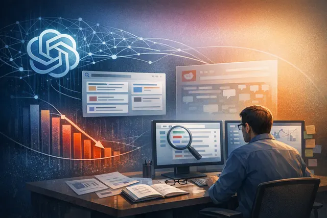Abstract editorial illustration of AI search routing, domain-specific queries, and Reddit visibility