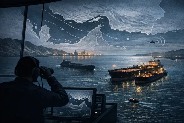AI-generated illustration of oil tankers moving covertly through the Strait of Hormuz at night