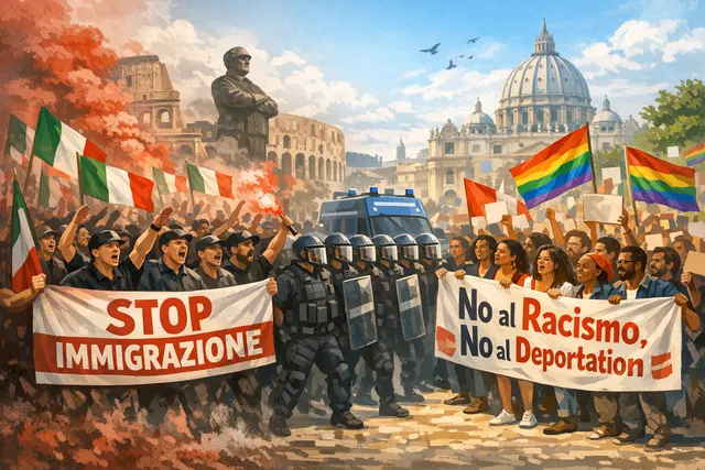 Rival pro and anti migration protests in a European city with crowds holding signs and a heavy police presence separating them