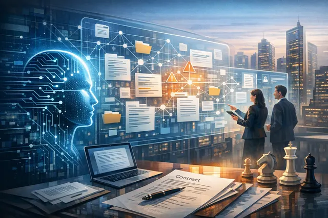 Abstract editorial illustration of artificial intelligence connecting M&A diligence documents, drafting workflows, and negotiation analysis