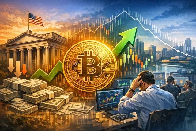 Illustration of Bitcoin rising alongside U.S. Treasury bonds during a crypto-market rally