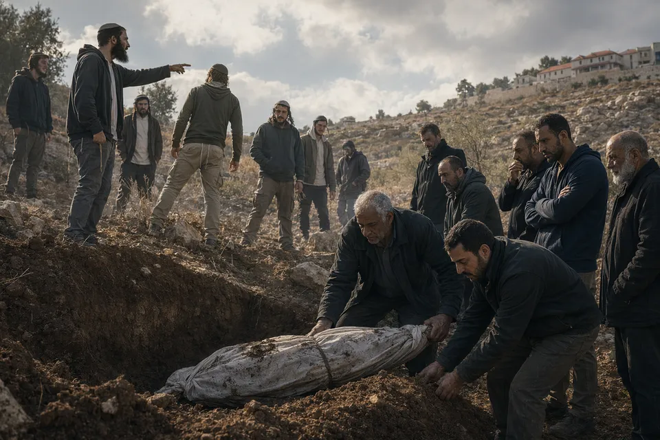 AI-generated editorial illustration of a hillside cemetery in the West Bank near Jenin