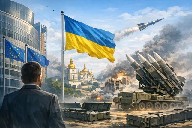 A somber editorial illustration of a missile interceptor silhouette against a night sky over Kyiv, symbolizing Ukraine's critical shortage of air defense missiles.