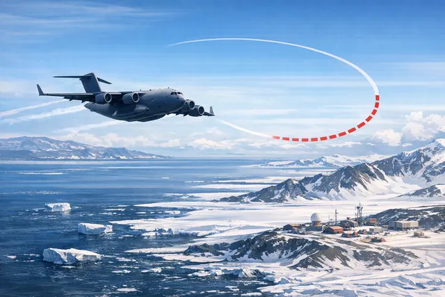 US Air Force C-17 Globemaster III ICE28 turning back over the Southern Ocean after a Russian missile warning on its route to Antarctica