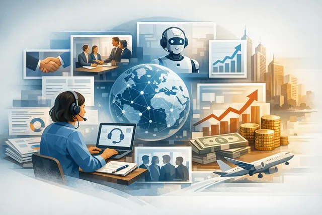 Abstract digital illustration of a contact center agent speaking with a customer, with AI voice agents and data streams in the background.
